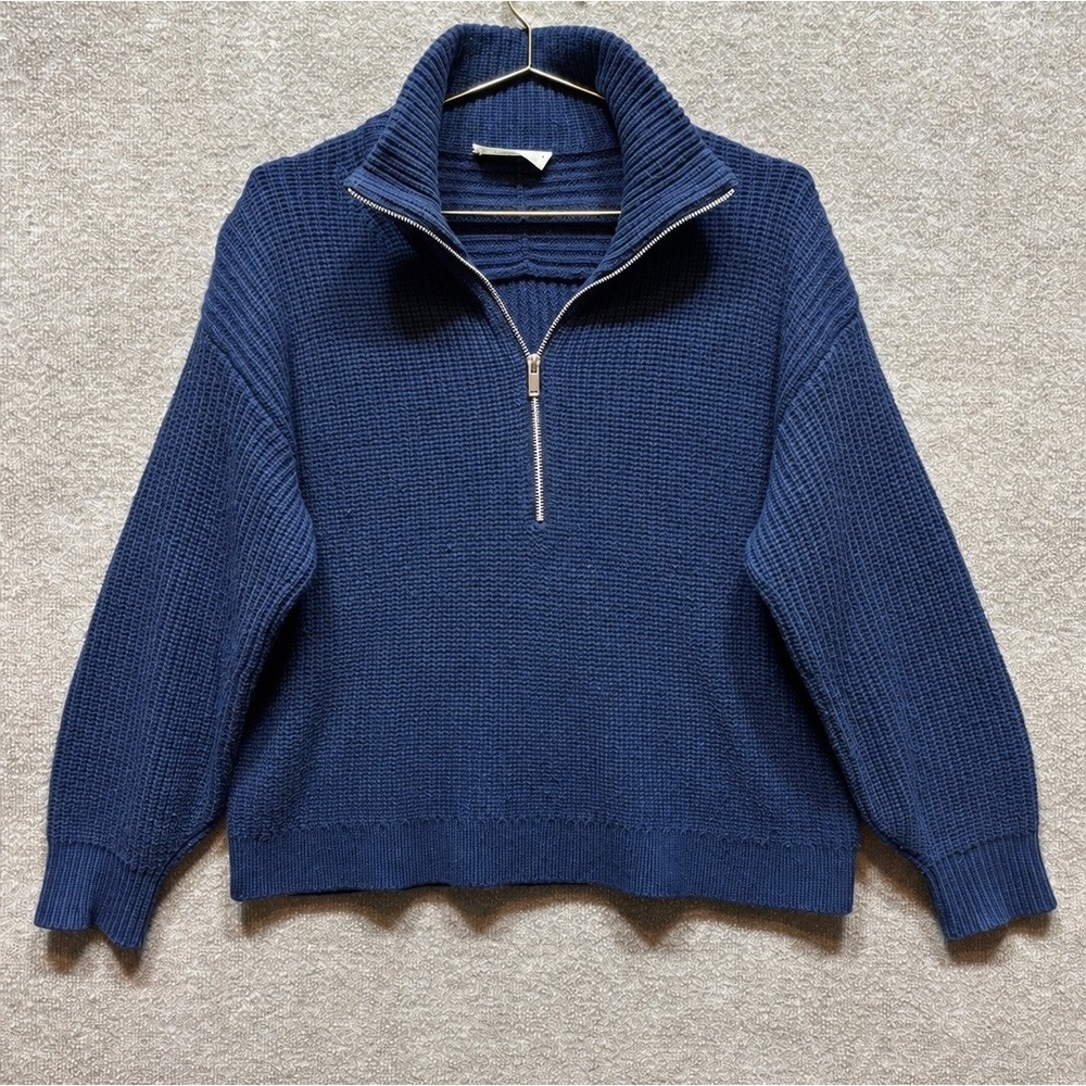 Everlane Wool Half-Zip Pullover Womens Medium Navy Blue Ribbed Wool Sweater EUC